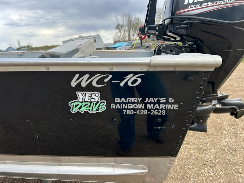 A Yes Drive decal on the hull of a newly delivered fishing boat