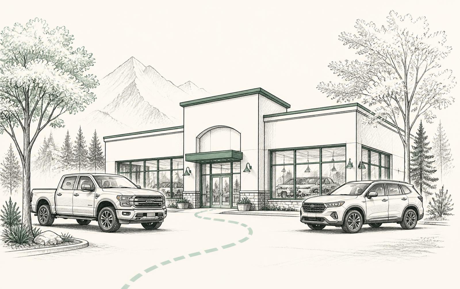 Line illustration of a small dealership building with a pickup and an SUV parked outside
