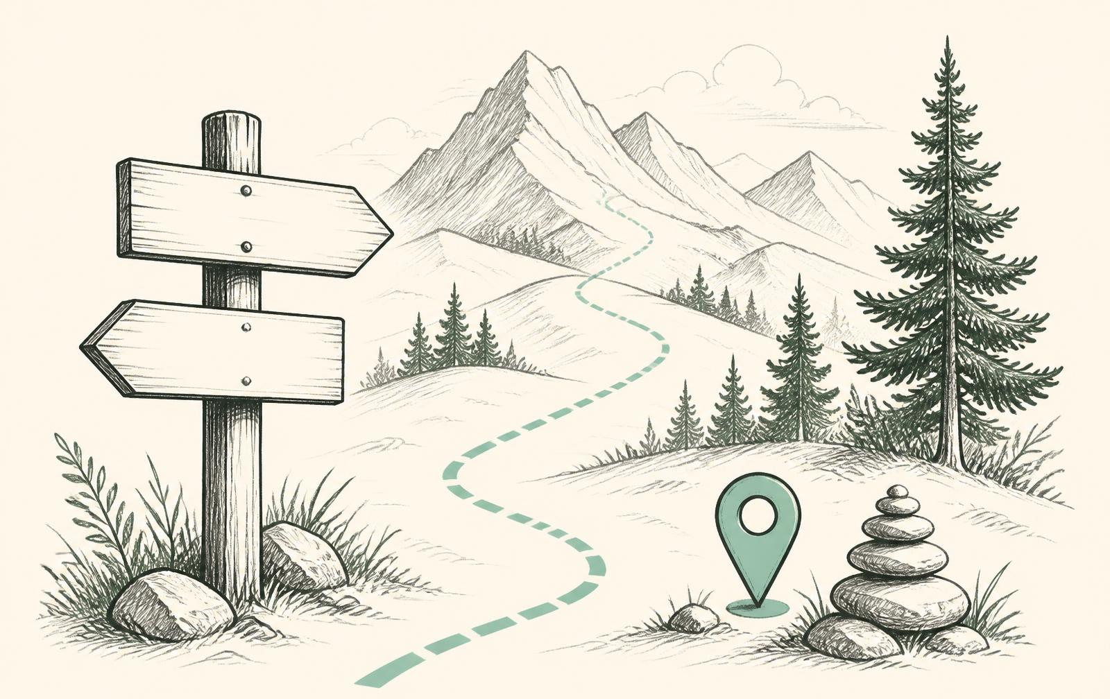 Line illustration of a signpost beside a dashed mint trail winding through hills toward mountains