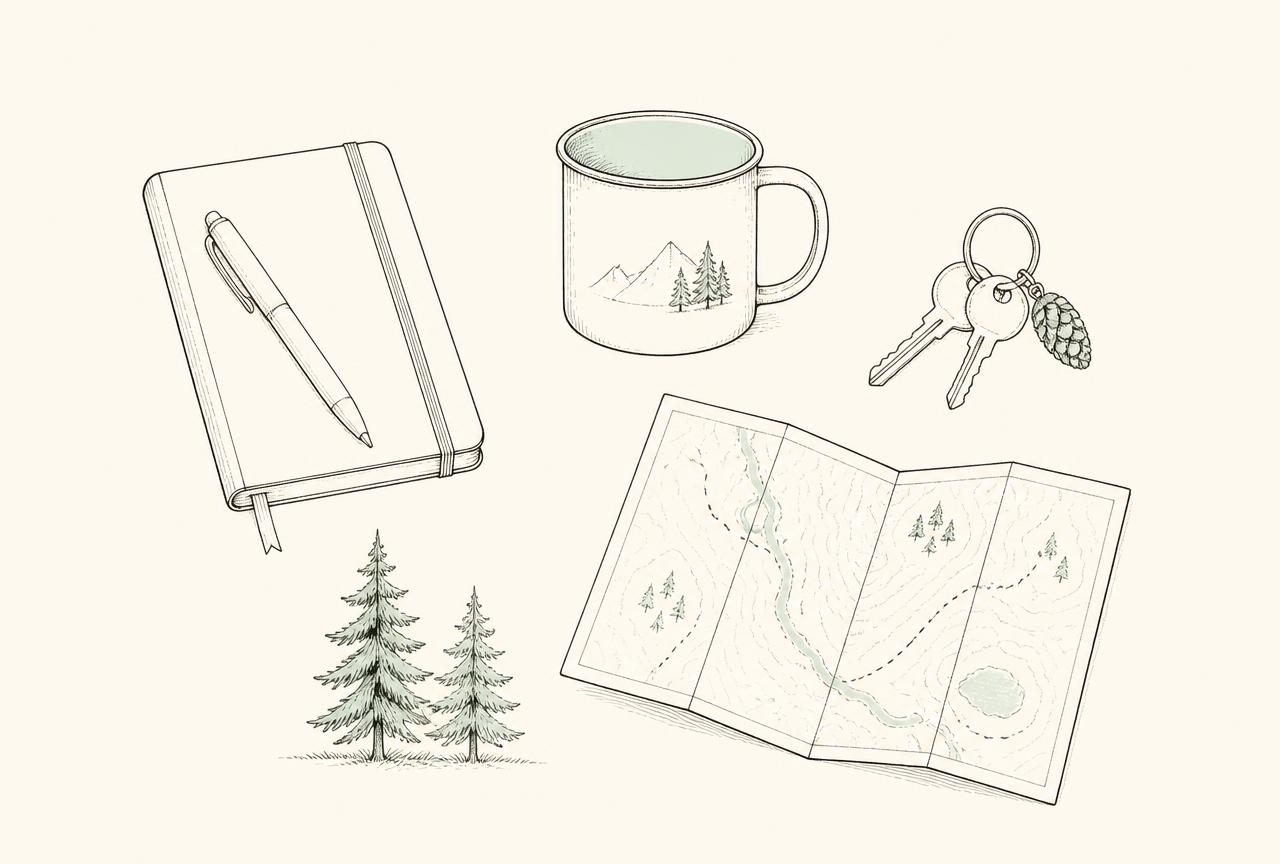 Line illustration of a notebook, pen, camp mug, keys and a folded map