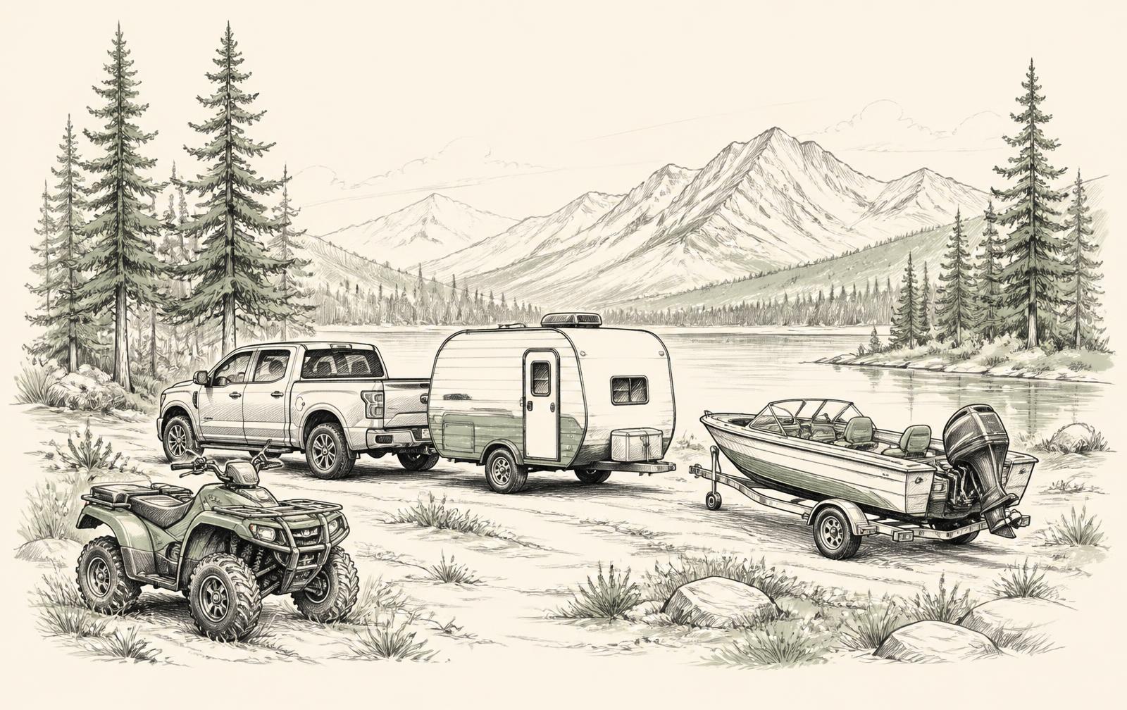 Line illustration of a pickup towing a camper, a boat on a trailer and an ATV beside a mountain lake
