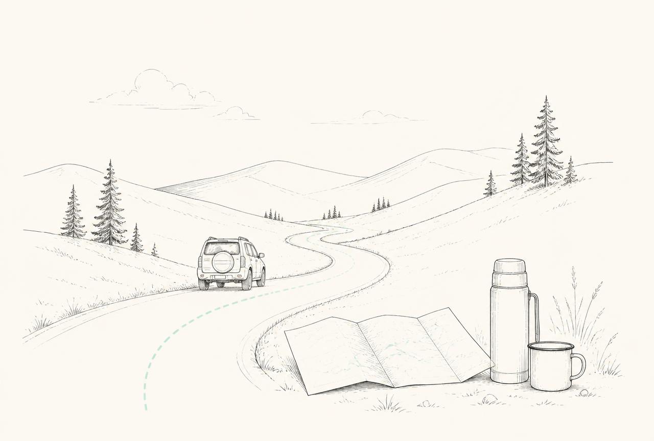 Line illustration of a vehicle on a winding rural road with pines and a folded map
