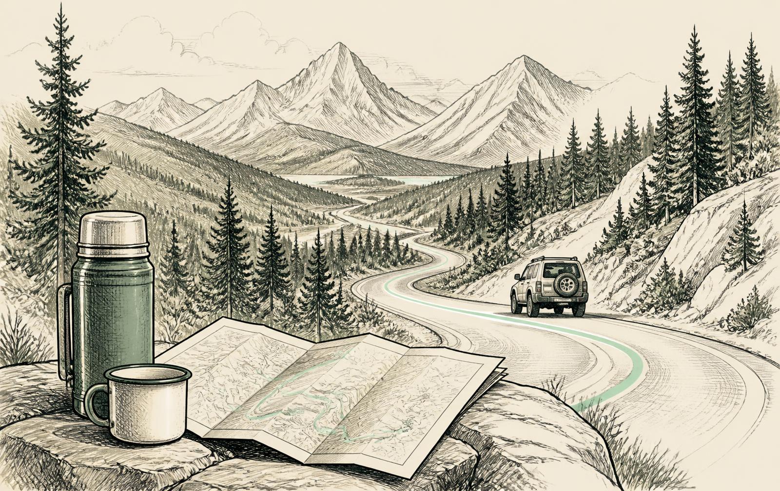 Line illustration of a winding mountain road with pines, a folded map and a thermos